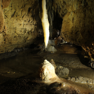 Stalagmite and stalactite almost touching in a cavern in Wisconsin