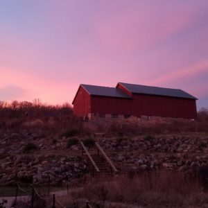 Barn with a pink purple sunset behind it