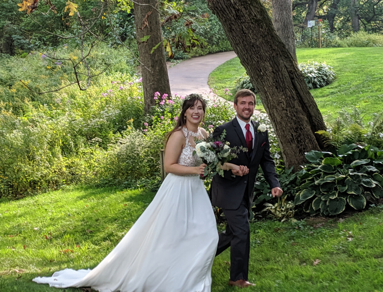 Bride and Groom in Garden at a Wisconsin Destination