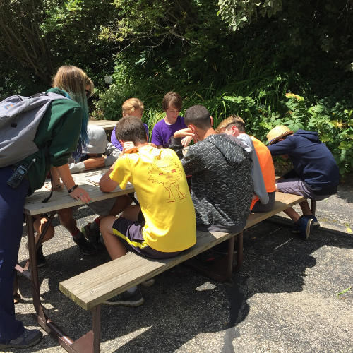 Photo of educator with kids at picnic table