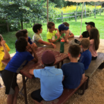 Photo of educator teaching at outside picnic tables at a Wisconsin Destination