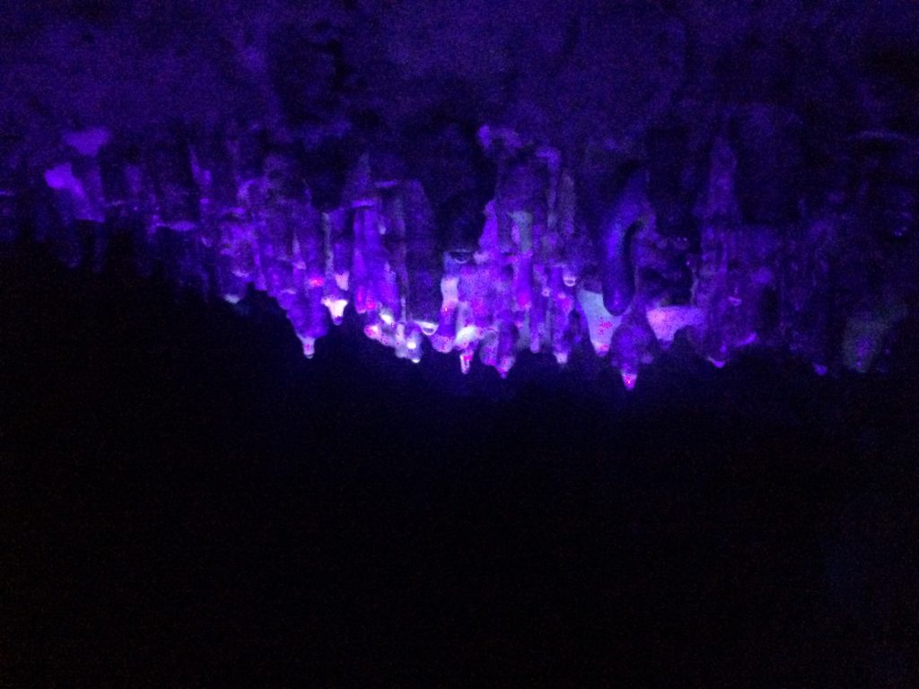 Photo of stalactites under a blacklight at this Must See Destination in Wisconsin showing Photoluminescence