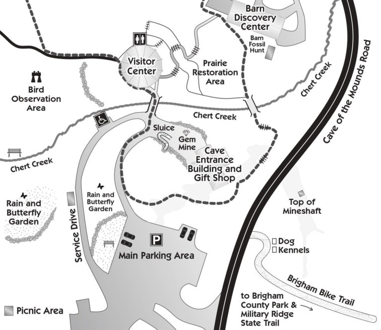 Illustrated map of the Cave of the Mounds grounds that can be used while visiting places in Wisconsin