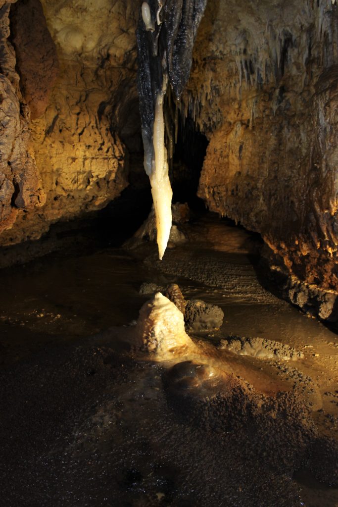 Photo of a stalactite and stalagmite almost meeting