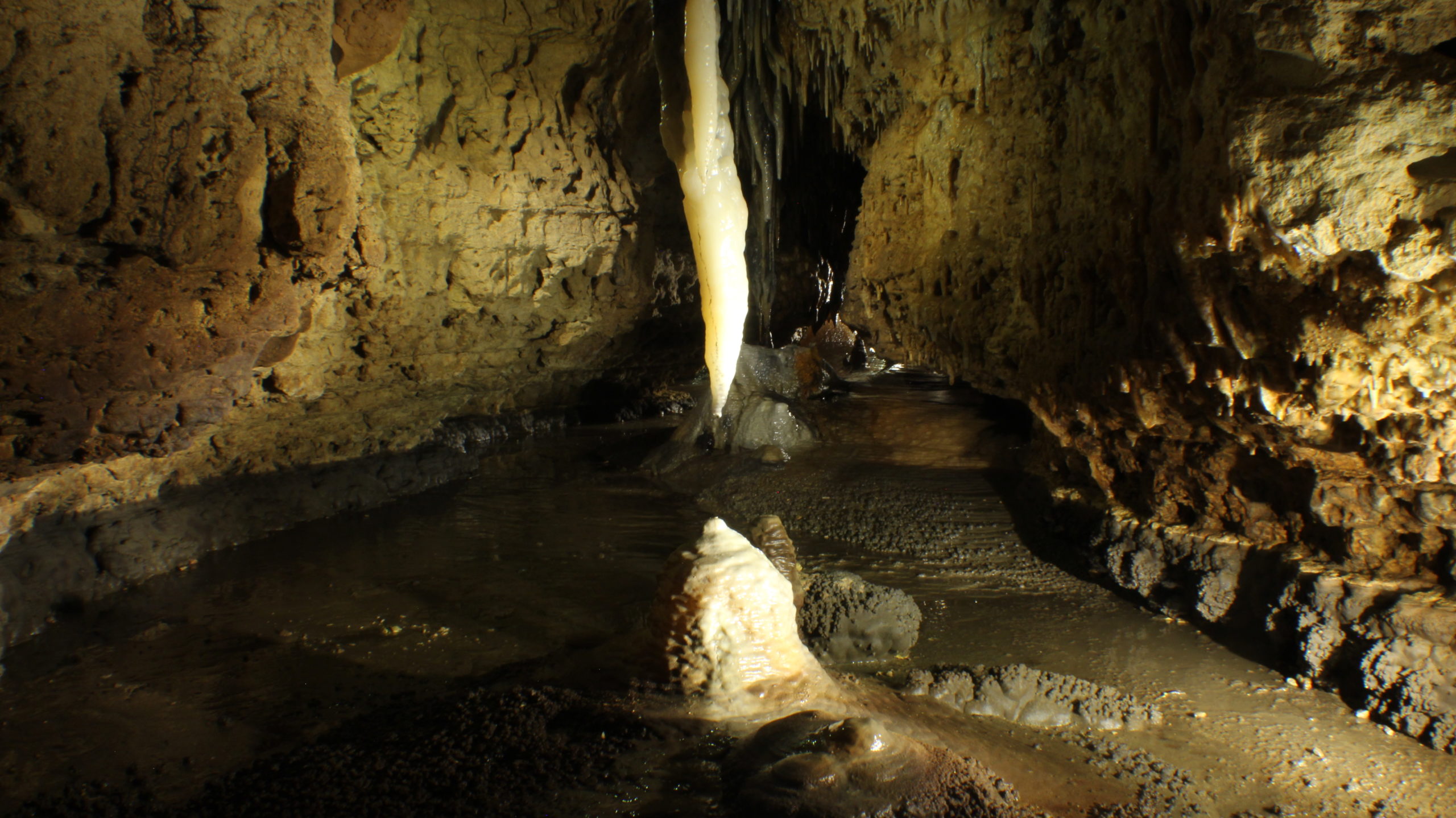 Photo of a stalactite and stalagmite almost meeting