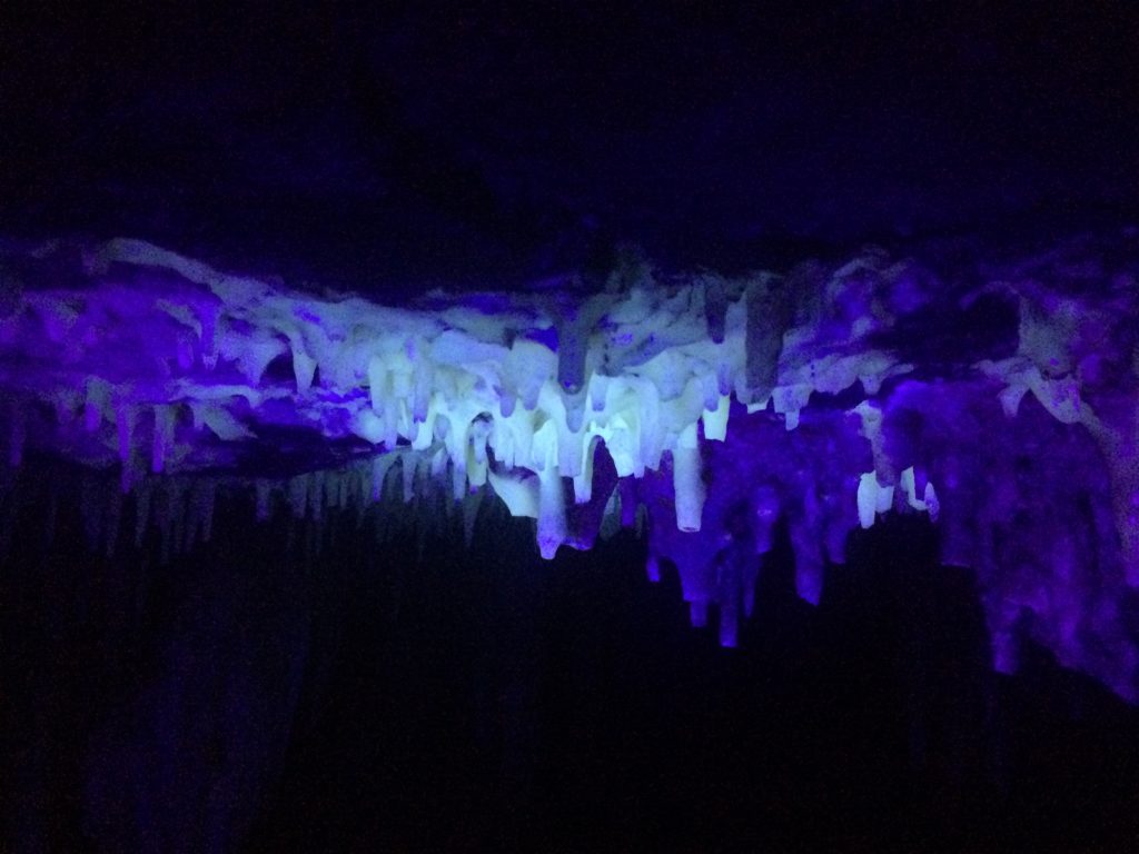 Blacklight over formations producing a fluorescent blue light