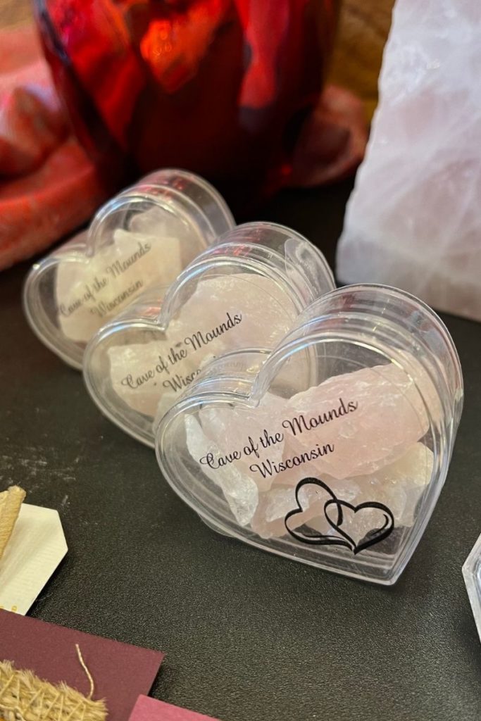 Heart shaped containers filled with rose quartz