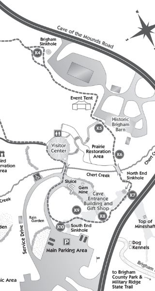 Illustrated map of the Cave of the Mounds grounds that can be used while visiting places in Wisconsin