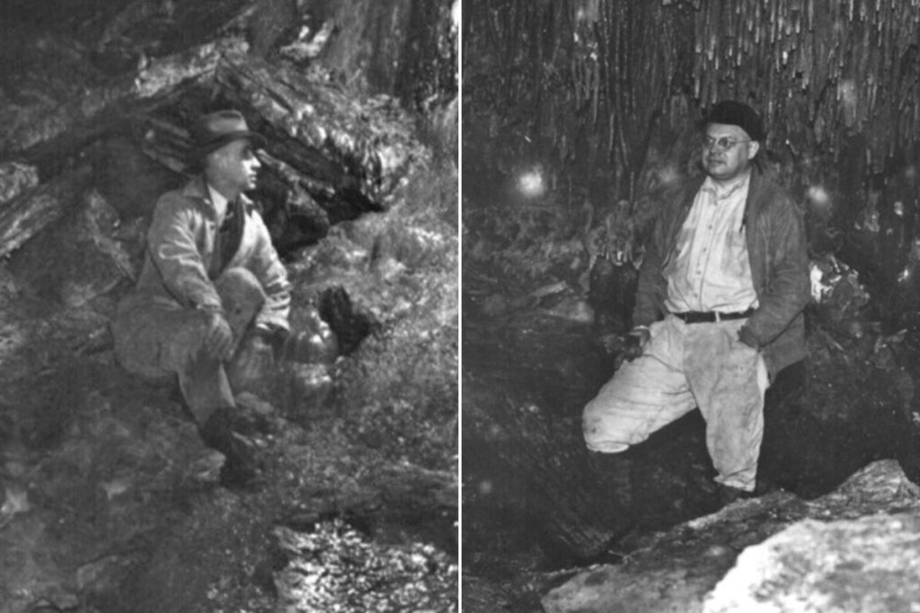 Two men explorers. One is on a rock and the other is standing in a pile of rocks. They made wisconsin history