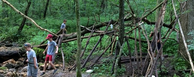 Kids Building a Fort in the Woods