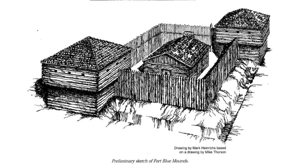Sketch of Fort Blue Mounds with two structures along the fence and one in the middle.