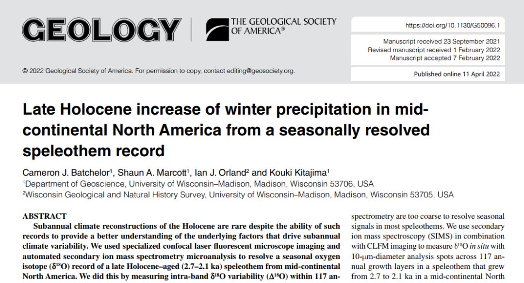 Article headline of the research paper that was researched at cave of the Mounds. Titles "Late Holocene increase of winter precipitation in mid-continental north America froma seasonally resolved speleothem record".
