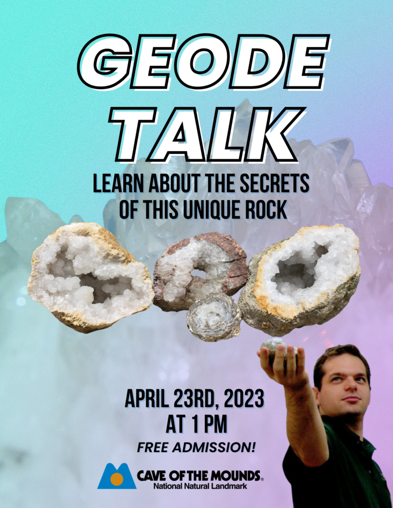 Geode Talk. Learn about the serets of this unique rock. April 23rd, 2023 at 1 PM. Man holds geode like it's magical.