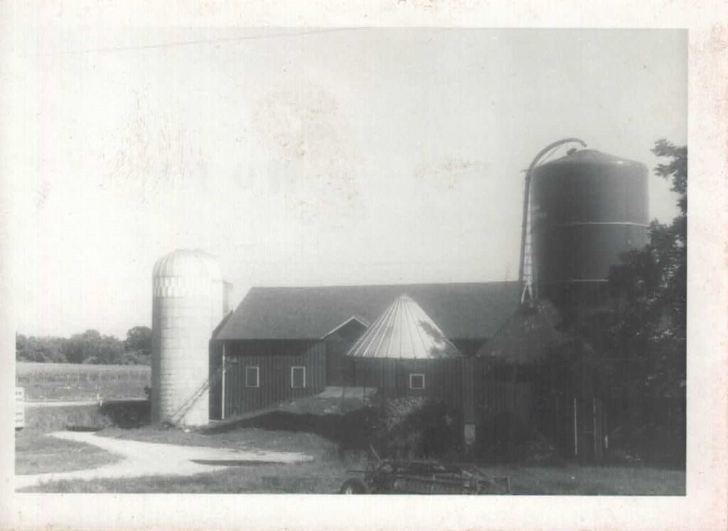 A black and white photograph of the Brigham Barn. The barn is flanked on both sides by tall silos