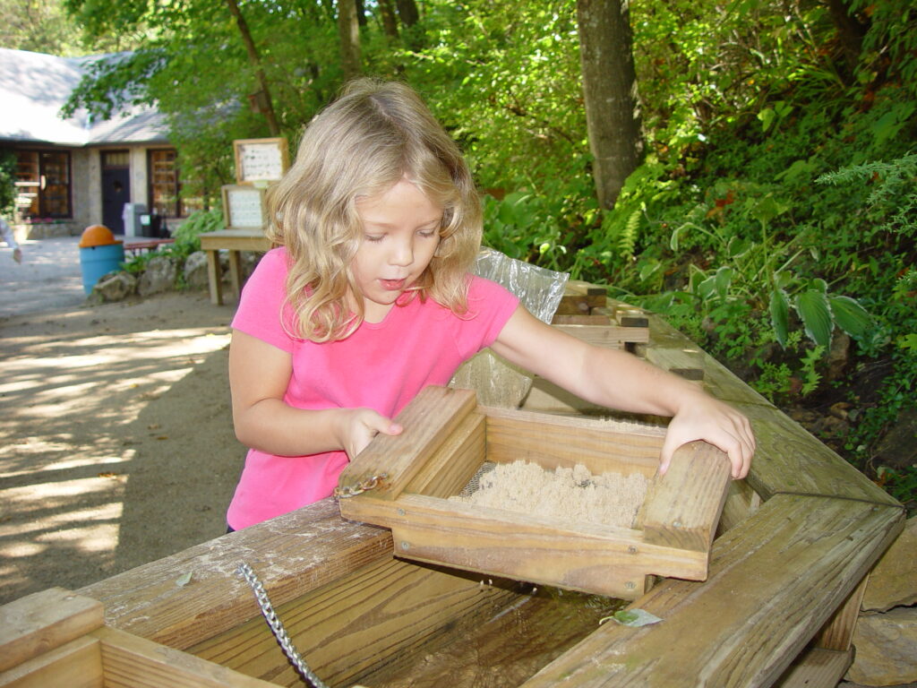 A young girl in a bright pink shirt hunts for gems at the Gem & Fossil Sluice