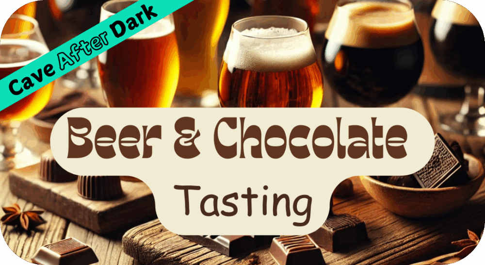 AI image of various glasses of beer with chocolates and cloves scattered around wooden boards. Beer and Chocolate tasting at Cave of the Mounds August 16th 7-9pm at Wisconsin attraction