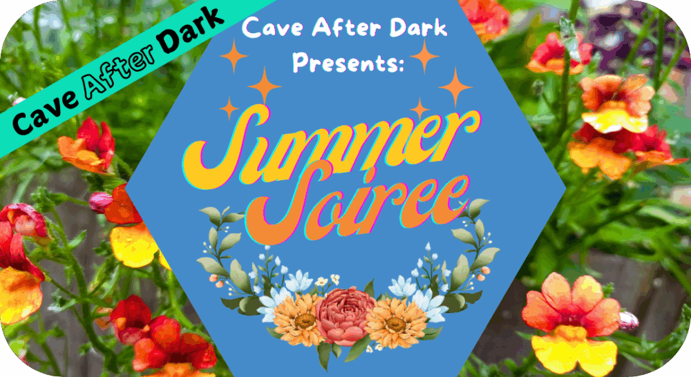 A floral background with bright flowers and "summer soiree" in large font. Cave of the Mounds' Summer Soirée is held July 19th 7-9pm at Wisconsin Attraction