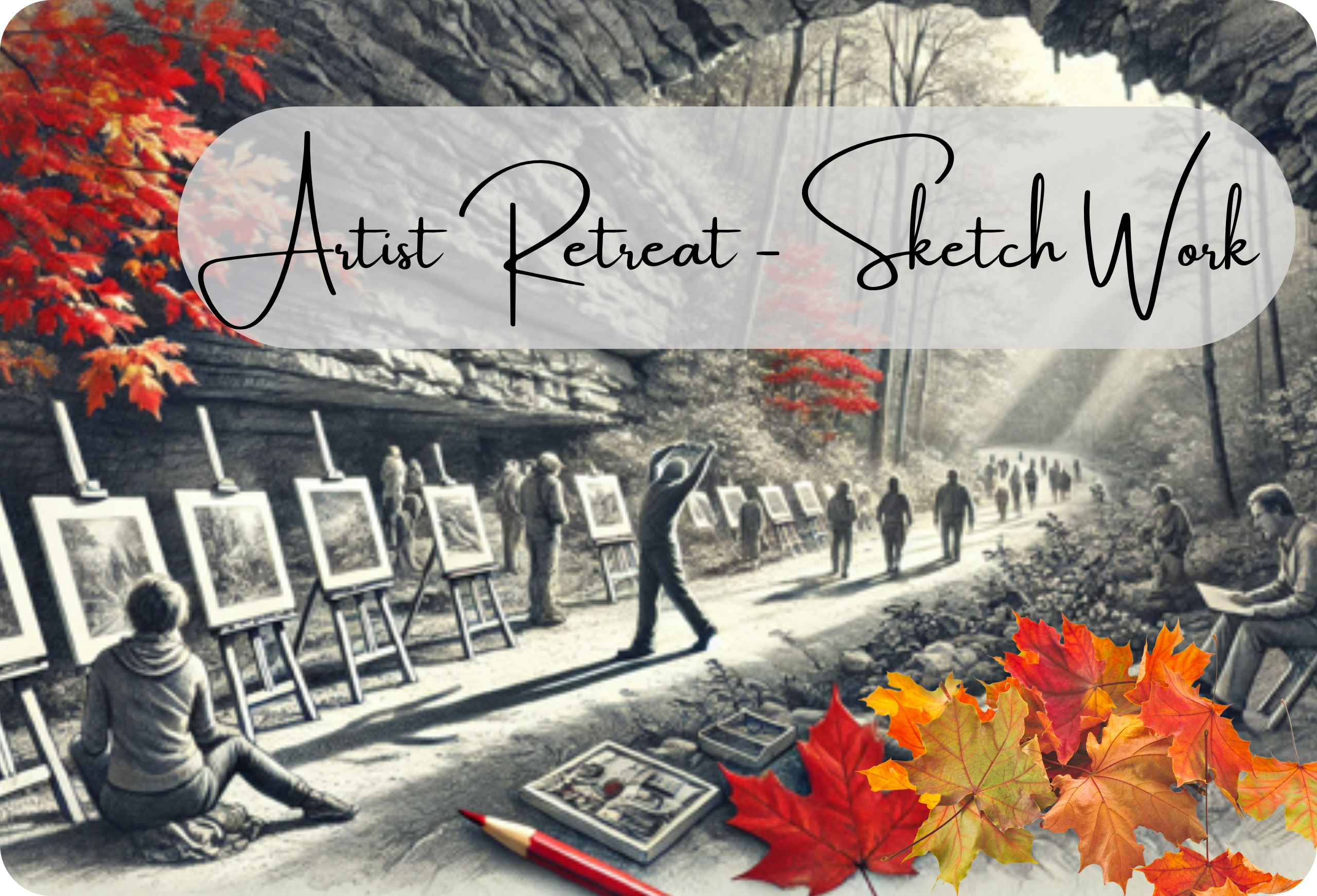 AI image of a sketch of artists in a rock gorge surrounded by autumn leaves