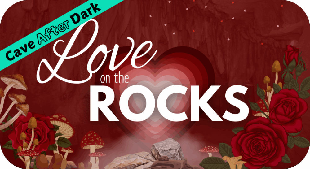 The cave overlain with a red tint with cartoon mushrooms and flowers in the foreground. Love on the Rocks event at Cave of the Mounds Feb 14 2026 for this night out fun activity