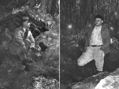 Two men explorers. One is on a rock and the other is standing in a pile of rocks. They made wisconsin history