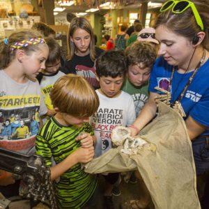 Kids gathered around a cracked open geode at a Wisconsin Destination