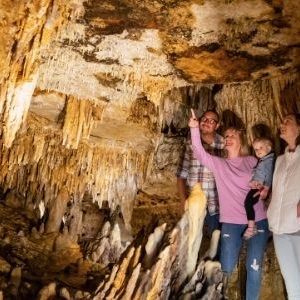 Family observing formation speleothem in Cave of the Mounds a place to visit in wisconsin