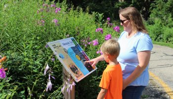 Woman and child reading the Geologic Timeline sign which is a great Wisconsin activiites